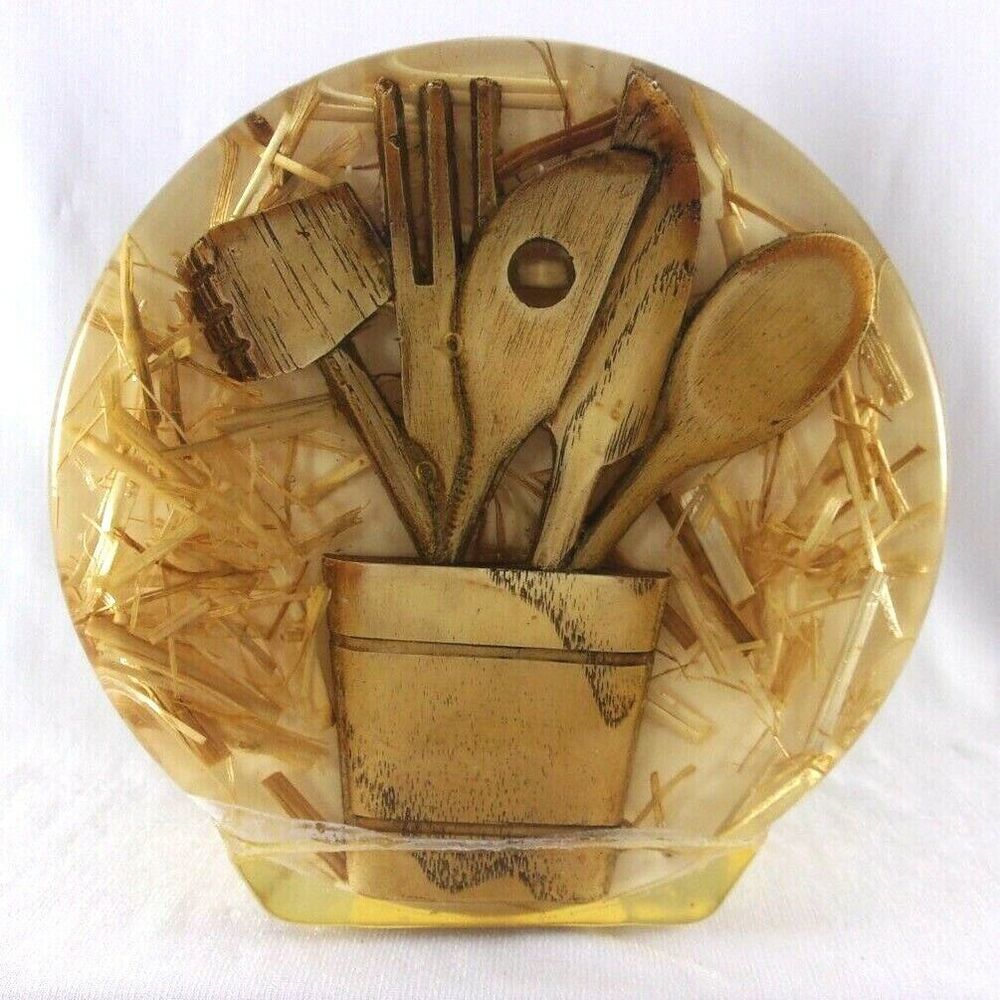 Vintage Lucite 70s Straw and Wooden Utensil Napkin Holder